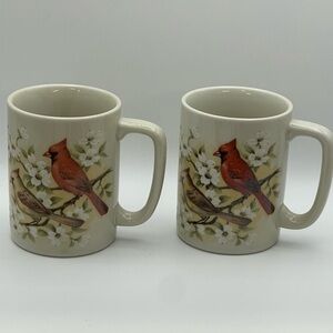 Cream and Red Cardinal Ceramic Mugs for Dining